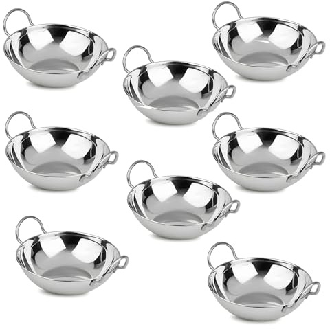 Set of 8 - Stainless Steel Balti Dishes Karahi Curry Deep Serving Indian Dishes Bowls with Handle - 16 cm