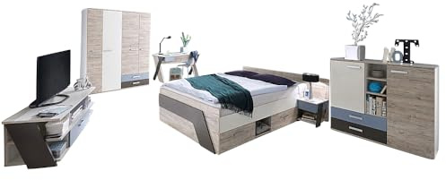 Lomadox Jugendzimmer Kinderzimmer Komplett Set, Sandeiche mit weiß Lava blau, 140 x 200 cm Jugendbett, Kleiderschrank, Nachttisch, Kommode, TV Lowboard, Schreibtisch