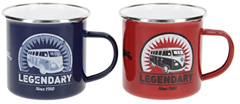 BRISA VW Collection - Volkswagen Set om 2 emalj, kaffe, te, cappuccino-kopp, havregrymug, för camping och utomhus, T1-buss (350 ml x 2/röd och blå)