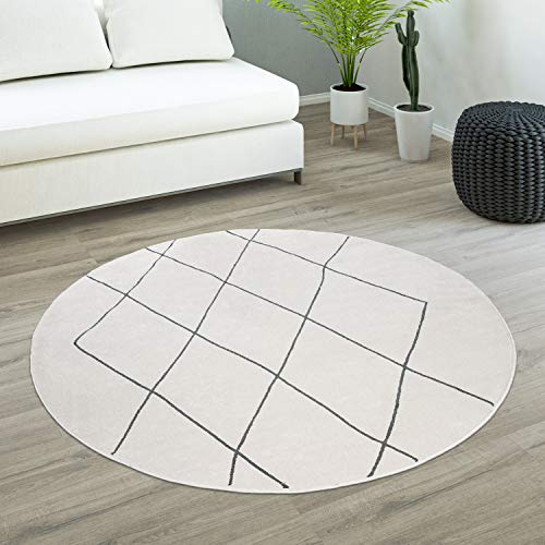 Paco Home Teppich Rund Wohnzimmer Kurzflor Mit Modernem Skandi Rauten Muster Hell, Grösse:160 cm Rund, Farbe:Weiß 2