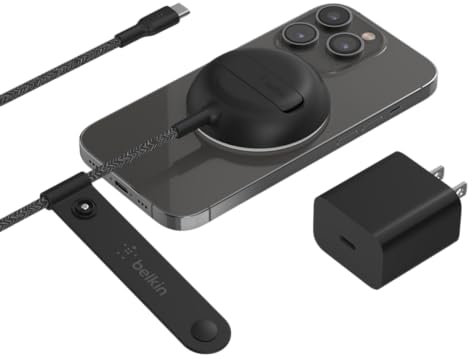 Belkin tragbares drahtloses Ladepad mit MagSafe (schnelles Laden mit bis zu 15 W, mit iPhone 13, 13 Pro, 13 Pro Max und 13 mini kompatibler Ständer, Netzteil nicht enthalten) – Schwarz