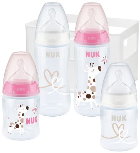 NUK First Choice+ startset med nappflaskor | 0–6 månader | 4 nappflaskor med temperaturkontroll och låda | Antikolik-ventil | BPA-fria | Giraff (rosa) | 5 delar