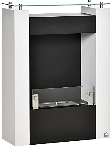 HOMCOM Camino Bioetanolo con Serbatoio da 1.5L e Copertura 20m², Biocamino in Acciaio e Vetro, 60x20x79cm, Bianco e Nero