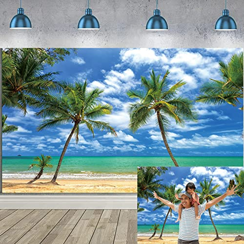 Tropischer Strandhintergrund, Sommer, Palme, Fotografie, blaues Meer, Himmel, Ozean, Urlaub, Reisen, Kinder, Portrait-Banner, Hawaii, Luau, Themenparty, Dekoration