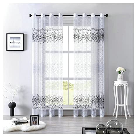 KnBoB Vorhang Voile, Polyester Grau Transparent Blume Gardinen Modern Wohnzimmer mit Ösen 102 x 214 cm