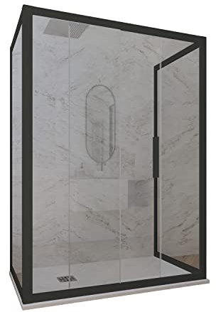 Paroi de douche 3 côtés coulissant 90x150x90 CM PVC Noir Mat H 200 Verre Transparent mod. Deco Trio