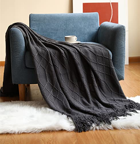 Hayisugal Sofadecke Boho Decke Strick Decke Tagesdecke Wohndecke Gestrickte Decke Wendedecke Kuscheldeck Couchdecke überwurf Decke Reise Decke, Dunkelgrau, 130 x 200cm