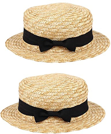 Pavewood 2X Cute Child Straw Hat Bowknot Sun Hat Kids Brim Beach Summer Boater Beach Ribbon Round Flat Top Fedora Hat