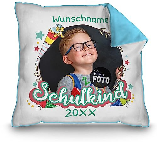 PR Print Royal Kissen zur Einschulung selbst gestalten - Schulkind mit Foto, Name und Jahr personalisiert - Zuckertüte Blau - personalisierte Geschenke zur Einschulung | Rückseite Hellblau, 40 x 40 cm