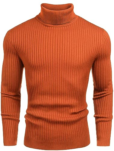 Amussiar Herren Rollkragenpullover Slim Fit Baumwolle Strickpullover Sweater Casual Leicht Langarm Top, Orange/Abendrot im Zickzackmuster (Sunset Chevron), Mittel