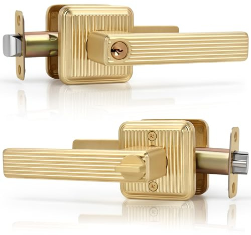 WIAONE Gaurqiah Square Heavy Duty Door Handle with Keys, Stripe Style Keyed Entry Door Lever with Lock, Reversible Door Handle for Front & Entrance Door, Satin Brass Finish
