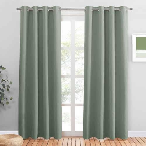 PONY DANCE Thermo Vorhänge gegen Hitze Salbeigrüne Gardinen Wohnzimmer | 2er Set, 220cm Lang, Blackout Curtains, Hitzeschutz, Sichtschutz, UV-Schutz, Ösen, für Schlafzimmer Kinderzimmer Esszimmer