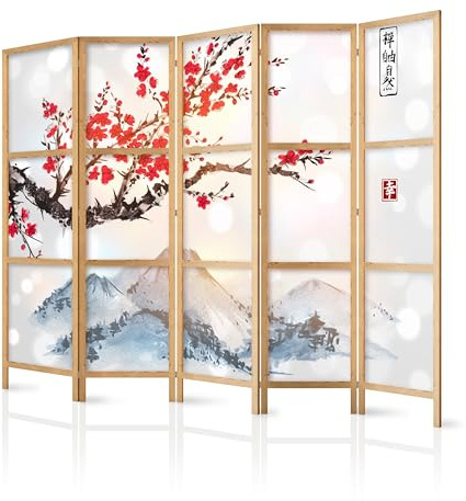 murando - Paravent Raumteiler Holz Botanik Abstrakt, 225x172 cm, 5-teilig | Mobiler Sichtschutz, sofort einsatzbereit, Holzrahmen, ideal fürs Wohnzimmer oder Büro, geruchsneutral, lichtbeständig