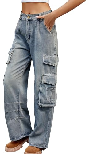 Cffvdiz Dam Mid Mid Waist Cargo Jeans Baggy Distressed Rak Wide Leg Denim Byxor med fickor,Light blue,L