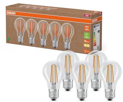 Osram Hocheffiziente LED Lampen mit Energieeffizienz Klasse A, Vorteilspack mit 5 Leuchtmittel, ersetzt herkömmliche 60W Glühbirnen, warmweiß(2700K), E27, Filament Glas, Klar