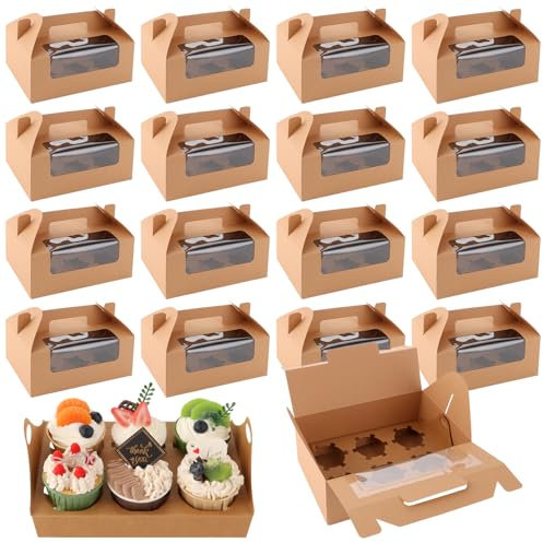 LDHHYH 50 Stück Cupcake Box 6 Löcher, Cupcake Transportbox, Kraftpapier Tortenkarton mit Griff, Karton mit Sichtfenster, Kuchenbox Pappe, Cupcake Muffin Box Geeignet für Cupcakes Kekse Muffins Donuts