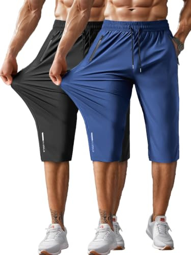 Hidkat Pantalones capri 3/4 para hombre, para gimnasio, entrenamiento, senderismo, por debajo de la rodilla, pantalones cortos largos ligeros de secado rápido con bolsillos con cremallera, Paquete de