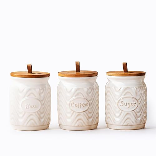 Home Harbour Clairmont Collection | Set of 3 Ceramic Tea, Sugar Coffee Canisters with Bamboo Airtight Lids | Storage Jars Containers Tea Sugar | Caddy Sets Kitchen Accessories Essentials (White Glaze)