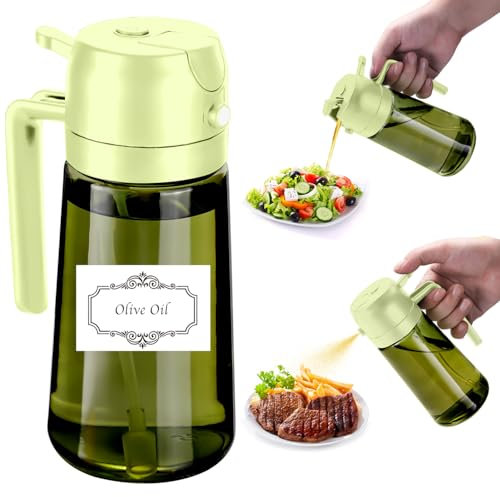 SCFRF 16oz/470ml Light-Blocking Oil Sprayer for Cooking with Labels, 2 in 1 Olive Dispenser Bottle, Premium Green Glass, Food-Grade Mister for Air Fryer, BBQ, Kitchen