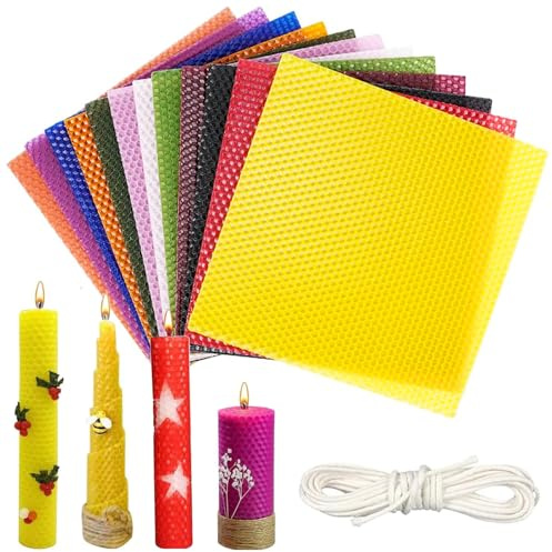 XSHAO® Juego de velas de cera de abejas de 12 colores, 20 x 20 cm, placas de cera de abejas para velas con mecha de algodón de 6 m, para velas de bricolaje para adultos y niños