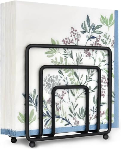 Napkin Holder for Table, Modern Metal Black Napkin Holders for Kitchen Dining Tables & Countertops, Paper Cocktail Napkins Holder Dispenser for Indoor & Outdoor Use (Black)