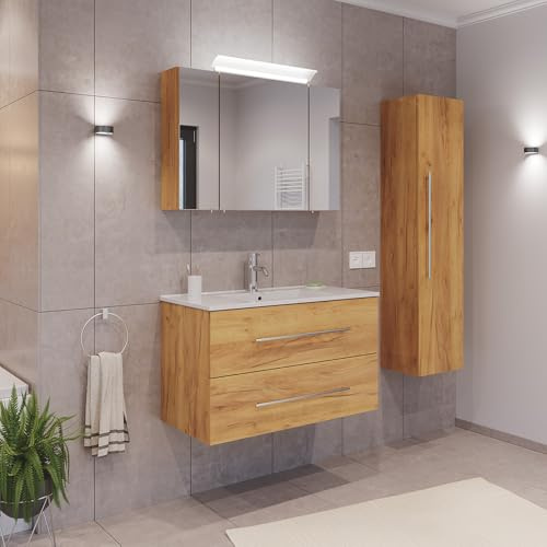 Lomadox Badezimmermöbel Badmöbel Set 2-teilig, Waschtisch Waschplatz 90cm breit mit Waschbecken, 2 Softclose-Schubladen und LED Spiegel, in Eiche