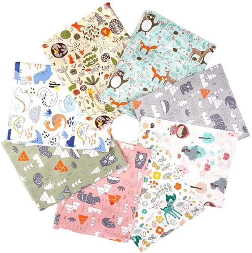 Binnan 8 Pezzi Tessuto Cotone Stoffa, Tessuti Cartoni Animati Stampati, Tessuto in Cotone, per Cucito, Patchwork e Bricolage, 50cm X 40cm