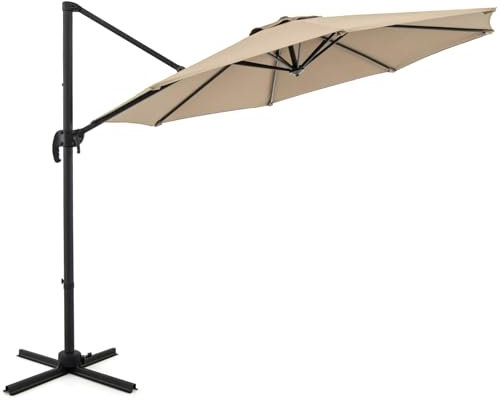 RELAX4LIFE Ombrellone da Giardino 3x3M con Rotazione a 360°, Base a Croce, Angolo Regolabile per Giardino/Balcone/Terrazzo (Beige)