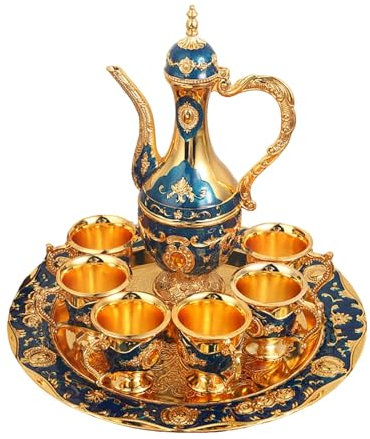 Vintage Turkish Coffee Pot Cups Set with Tray and 6 Cups Retro Tea Pots Cup Sets Exquisite Wine Pot Set Decorative Vintage Tea Service Set for Home Party Decor Gold (C)