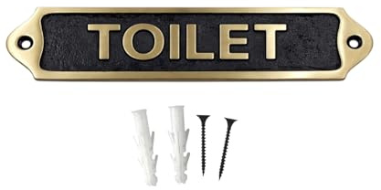 TOILET Brass with Black Metal Door & Wall Sign Plaque | Classic Bathroom & Washroom Name Plate with Screws for Home Office Shop Public Areas | 21.5 x 4.5 cm | TOILET
