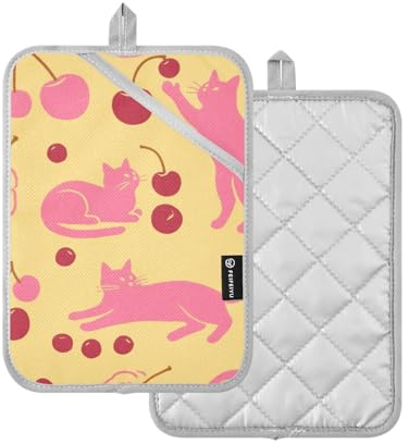 Presine per cucina rosso e rosa gatto e ciliegia presina con tasca guanti da forno 2 pezzi