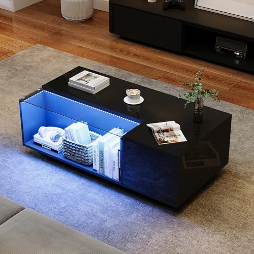 Crlnaup 100 * 50 * 35cm Couchtisch mit LED, Wohnzimmertisch aus gehärtetem Glas, Sofatisch mit viel Stauraum und 2 Schubladen, Hochglanz Kaffeetisch, Beistelltisch, Schwarz