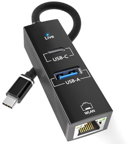 USB C to Ethernet Adapter, USB Type-C (Thunderbolt 3/4) to RJ45 LAN Dongle with 5Gbps USB-A 3.0/USB-C Data Port, Plug & Play Network Converter for MacBook,iPad,iPhone 15/16,Laptops, Headphones,Android