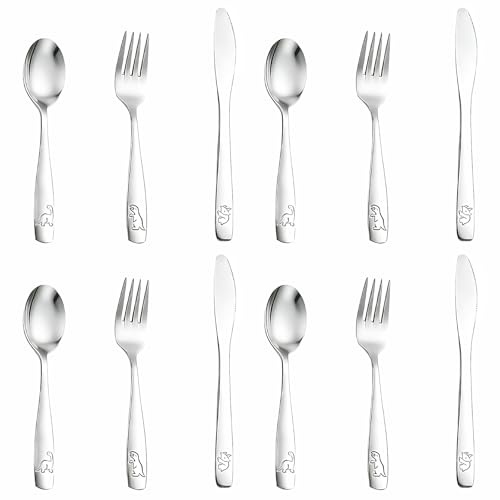 12 Pezzi Posate Bambini in Acciaio Inox, Set Posate Bambini con 4 x Forchetta, 4 x Coltelli, 4 x Cucchiai Cena,Dinosaur Cutlery Set per Bambino, Casa Scuola Uso(Argento)