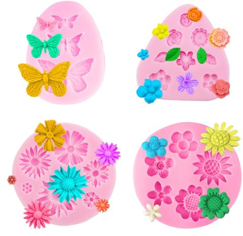 4 moldes de silicona de flores, moldes de glaseado de flores 3D, molde de margaritas de rosas para fondant, chocolate, cupcakes, decoración de pasteles, hornear, jabón, dulces, gelatina, manualidades