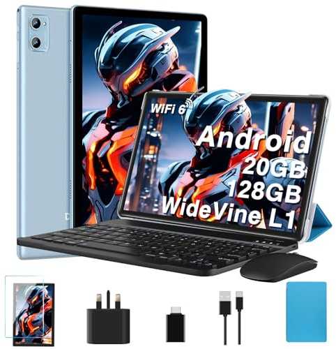 2026 Tablet 10 Inch Android, 20GB RAM+128GB ROM (TF 2TB), FHD, Octa Core, 5G+WiFi 6 | Widevine L1 | 6000mAh | Bluetooth 5.0 | GMS | Type-C | 8MP+5MP | Widgets| Tablet with Keyboard & Mouse - Blue