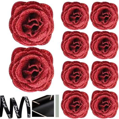 Ngbbby Glitzer-Rosenstrauß, 1 Set, realistisches künstliches Rosenstrauß-Set mit 10 Rosen, 10 Stielen, 2 Geschenkpapier und 2 Bändern für Hochzeit, Valentinstag, Rot, Glitzer