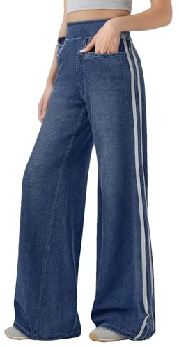 Pull on Wide Leg Jeans Straight Trousers for Women, Side Stripe Stretch Denim Fit Casual Stretchy Baggy Loose Pants, Trendy Tummy Control Straight Leg Jeans with Pockets