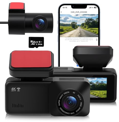 Dashcam Pro 2.0 4k mit 1080P Heckkamera, Dashcam mit Dual Kamera | 64GB SD Karte, Parküberwachung, 170° Weitwinkel, G-Sensor, Nachtsicht & 24-Stunden-Parküberwachung