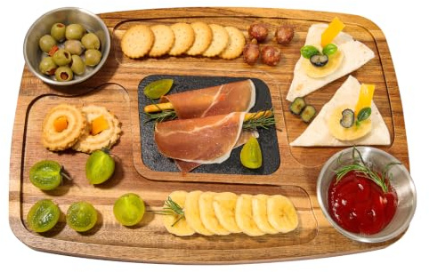 WLWNWFT Acacia Wood Serving Board Wood Serving Platter with Slate 36x25cm 2 Sauces Bowls for Steak Sushi, Steak Plate Slate Serving Plate for Grilling and Serving