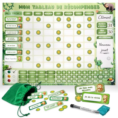 Kidivers Tableau de récompense Enfant avec Humeur & Date – Tableau magnétique comportement & tâches Quotidiennes | Planning Enfant, Routine & Bon Point | autonomie (Jungle)