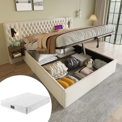 Bettanlage 160 x 200 cm mit Matratze, Stauraumbett inkl. Nachttischen | Komplettes Set mit integrierten Nachttischen, hydraulischer Stauraum unter der Liegefläche, weicher Samtbezug in Beige.