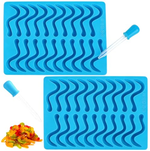 OFKPO 2 Stück Silikon Gummiwürmer Form mit Pipetten,Gummi Süßigkeiten Formen(Blau)