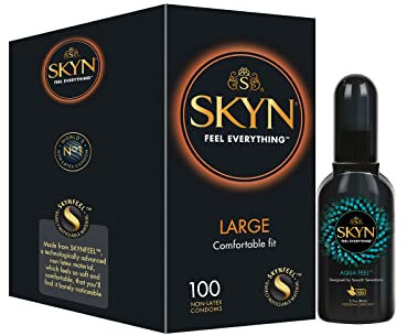 SKYN Large Kondome (100 Stück) & Aqua Feel Gleitgel (80ml) | Große Skynfeel Latexfreie Kondome für Männer, XXL Grösse Gemütlich Gefühlsecht Hauchzart, Wasserbasis Massageöl Sexöl, Stimulierend