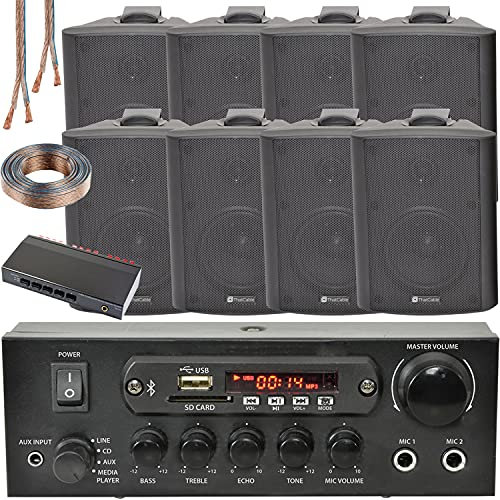 Loops 4 ZONE BLUETOOTH KIT–8x 70W 4” Black Wall Mounted Speaker, 110W Stereo Amplifier, Speaker Splitter Cable ECHO ALEXA SPOTIFY Wireless HiFi Audio
