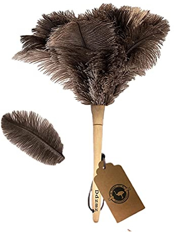 Ostrich Feather Duster for Cleaning-Furniture Dusters with Handle Ddzmz Hand Duster with Fluffy Natural Genuine Feather Reusable Household Duster, Gray and Brown(Length 16)