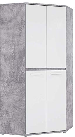 FORTE CANMORE Eckschrank 90 200, Eckkleiderschrank, Kinderzimmerschrank, Jugendzimmer 2-türig mit Einlegeböden und Kleiderstange, Weiß / Betonoptik LichtGrau, 92 cm breit x 201.5 cm hoch x 92 cm tief