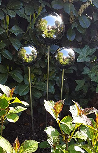 garten-wohnambiente Rosenkugel 3er Set 20-15-10 cm Edelstahl poliert Dekokugel Kugel mit Stab 80 cm