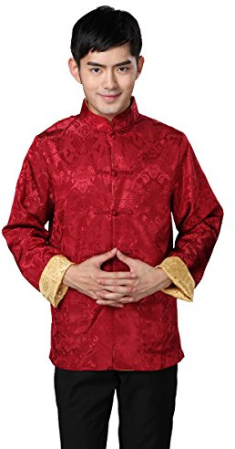 ACVIP Herren Hemd Tang-Anzug Oberseiten Beide Seiten Kung Fu Jacke Chinesische Kostüme(Rot+Gold, 2XL: Büste 124cm)