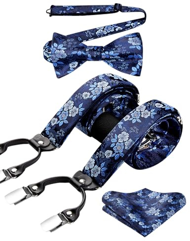 HISDERN Hosenträger Herren 3,5 cm mit 6 Extra Stark Clips in Y-Form Elastisch Längenverstellbar 130 cm Fliege und Hosenträger 3er Set für Männer